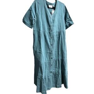 National Cotton Gauze Muumuu Button, Tiered House Dress | Womens M, Ocean Blue